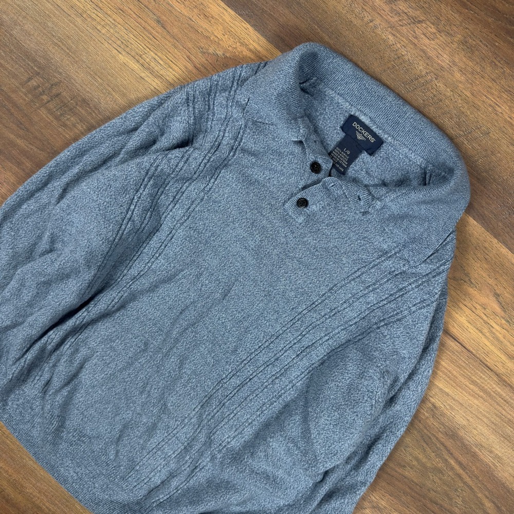 Dockers Mens Large Blue Heather Long Sleeve Polo Sweater Textured Knit Acrylic